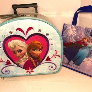 Disney Store Frozen Elsa Anna Rolling Luggage-Suitcase w/reusable tote gift bag